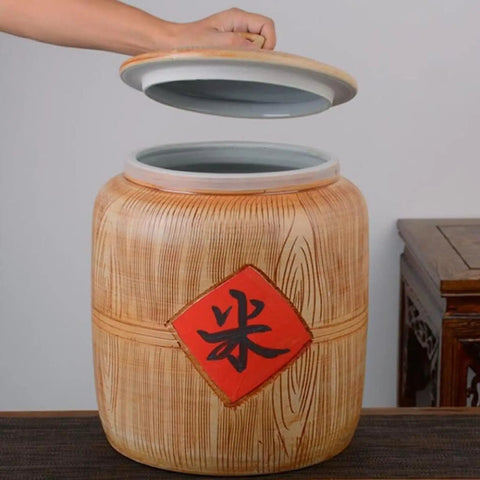 Heavy Duty Ceramic Rice Container With Secure Airtight Lid Big Boy Pantry Canister open top view for flour and tea storage.