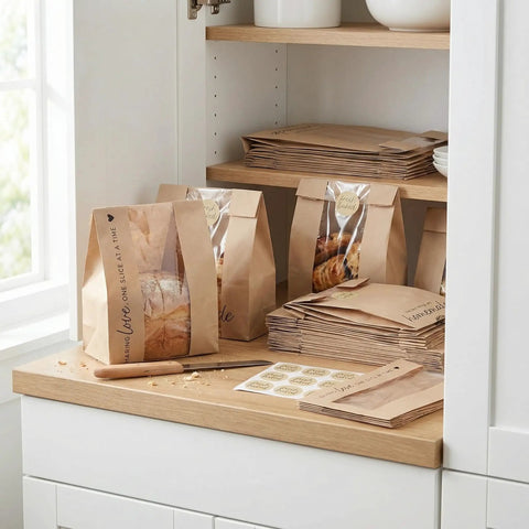 Clear Window Bread Bags For Homemade Bread Keep Sourdough Fresh For Days And Make Gifting Your Bakes A Breeze Eco Friendly Kraft Paper Packaging For Bakery Goods showing kraft bags with clear windows and stickers on a shelf.