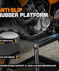 Heavy Duty Detachable Anti Slip Dirt Bike Stand Jack For Universal Motorcycle Maintenance Elevates Dirt Bikes Up To 1000 Lbs To 15.7 Inches High Black Durable Steel Construction showing anti-slip rubber platform and oil drain hole.
