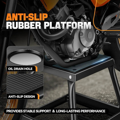 Heavy Duty Detachable Anti Slip Dirt Bike Stand Jack For Universal Motorcycle Maintenance Elevates Dirt Bikes Up To 1000 Lbs To 15.7 Inches High Black Durable Steel Construction showing anti-slip rubber platform and oil drain hole.