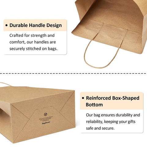 Close-up of Kraft Paper Gift Bags With Handles 8x4.25x10.5 Inches Bulk Pack Of 100, showing handle design and reinforced bottom.