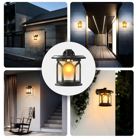 Lit Two Pack Solar Wall Lights Outdoor With Motion Sensor And Dusk To Dawn Waterproof Lantern Sconces illuminating various exteriors.