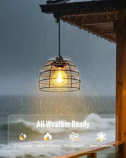 Top Rated Solar Pendant Chandelier Set Of Two With Smart Remote And Custom Hourly Timer Featuring Knockout Bohemian Gold Bead Copper Wire Design To Deck Out Your Patio Or Room With Ultimate Cozy Vibes And Killer Ambient Lighting hanging under shelter in rain, showcasing waterproof design.