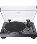 Audio-Technica At-Lp120Xusb-Bk Direct Drive Turntable Analog And USB Fully Manual Hi-Fi 3 Speed in black with protective cover open.