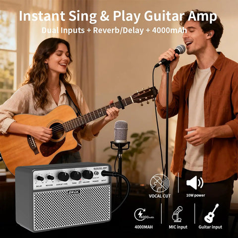 Compact Mini Electric Guitar Amp With 3.5mm Headphone Aux Input Dual 5W Speakers For Practice And Small Gigs in use by musicians