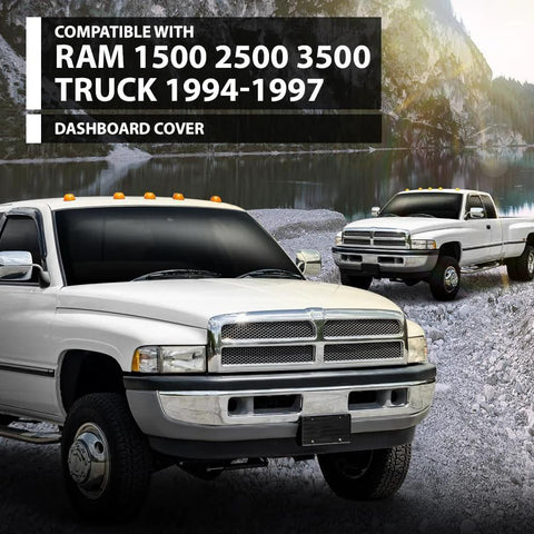 Dashboard cover for Dodge Ram 1994–1997, gray; RAM 1500/2500/3500, front view with two white trucks.