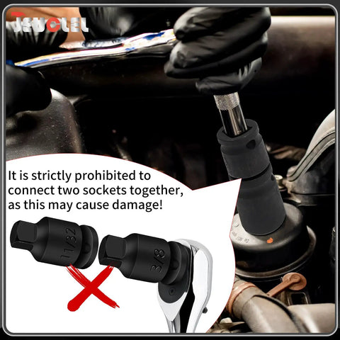 11 Piece Three Eighths Inch Drive Impact Socket Set in use for automotive repair, showcasing proper and improper socket connections.