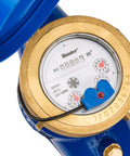 Close-up of One Inch Irrigation Flow Meter For Sprinklers With Real Time Water Usage Data And Leak Alerts, blue and brass design