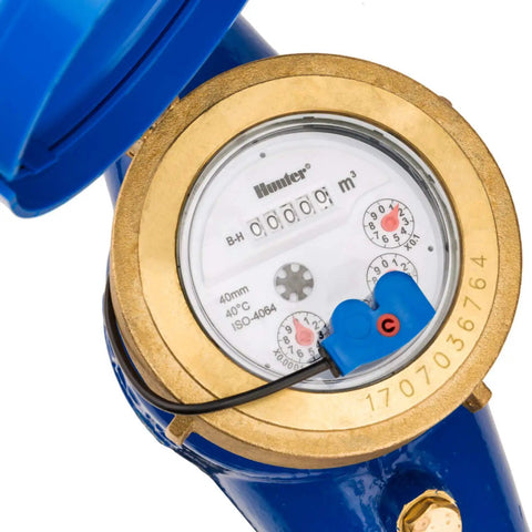Close-up of One Inch Irrigation Flow Meter For Sprinklers With Real Time Water Usage Data And Leak Alerts, blue and brass design