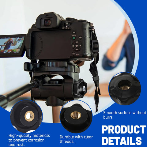 10 Pack M6 Star Knobs With Through Hole Hexagon Design shown on camera tripod for easy clamp tightening, grip-ready ergonomic handles