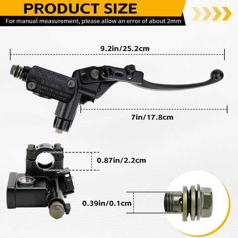 Right 7/8 Inch Hydraulic Brake Master Cylinder Lever Pump For GY6 Scooters showing dimensions and black finish details