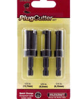 Heavy Duty Steel Tapered Wood Plug Cutter Set With Quick Change Hex Shafts in packaging, 1/2, 3/8, and 1/4 inch sizes.
