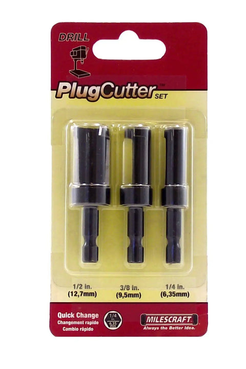 Heavy Duty Steel Tapered Wood Plug Cutter Set With Quick Change Hex Shafts in packaging, 1/2, 3/8, and 1/4 inch sizes.