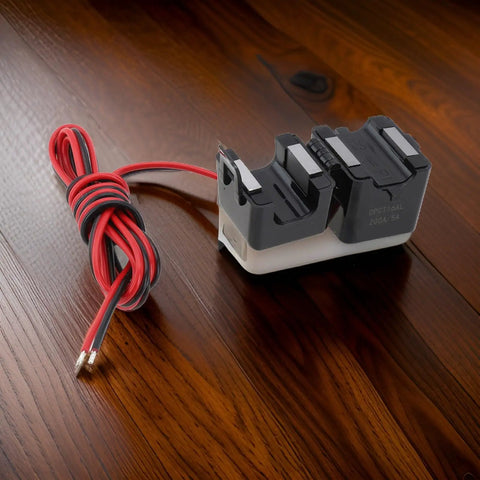 Slick Split Core Current Transformer Clamp Sensor With 50A To 200A Rating And 5A Output, featuring dual clamps and low resistance leads.