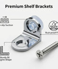 Premium shelf bracket with non-slip suction feature, rust-proof finish, and sturdy 90-degree shape next to a silver screw.