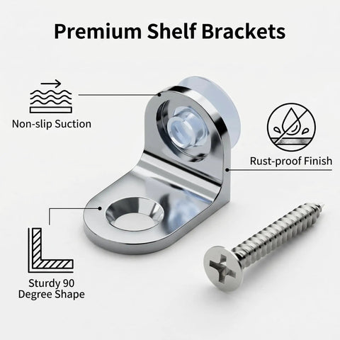 Premium shelf bracket with non-slip suction feature, rust-proof finish, and sturdy 90-degree shape next to a silver screw.