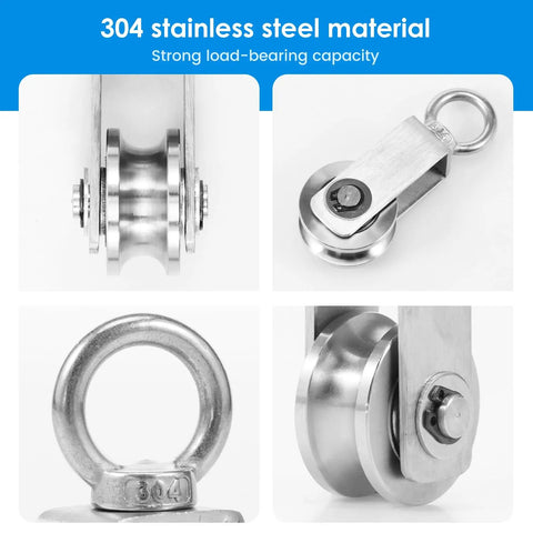 Eight Pack Cable Pulley Wheel Set In 304 Stainless Steel For Heavy Duty Lifting And Rigging, bearing pulley close-up with 304 stainless steel ring