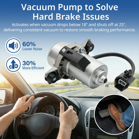12V brake booster vacuum pump kit, front-angle view; silver metal body with black connector and wiring harness.