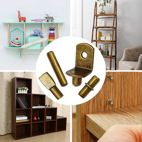 Heavy Duty Steel Shelf Pins And Pegs Kit Packs 104 Dang Tough Pieces for bookshelves, showing bronze tone hardware and storage solutions.
