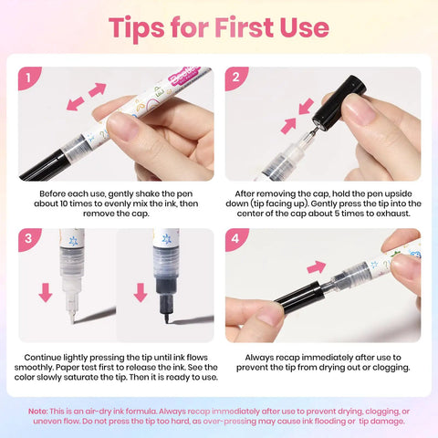 Tips for first use of 12 Color Nail Art Pens Set With 0.5mm Fine Tip For Precise Lines And Quick Air Drying Acrylic Markers