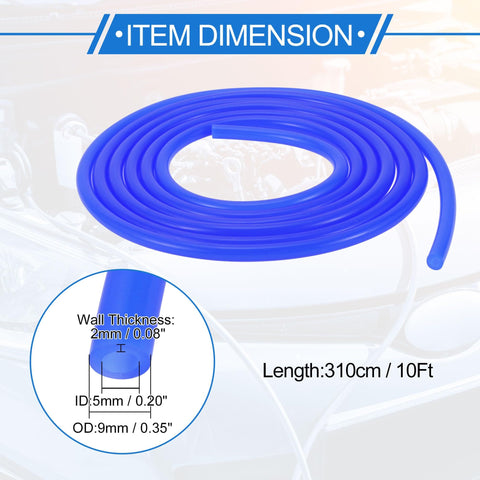 Blue Silicone Vacuum Tubing Hose For Automotive Use 10 Feet Long Three Sixteenth Inch Inner Diameter Two Millimeter Wall Thickness Beefed Up High Temp Boost Turbo Line For Cars Trucks Marine And Aircraft 130 PSI Max coiled with dimension highlights