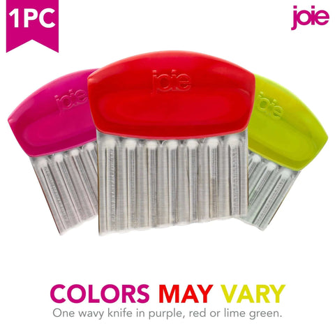 Joie crinkle cutter knife with stainless steel wavy blade and red, pink, and lime handles