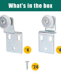 Four Pair Sliding Closet Door Roller Kit For Top Hung Doors With Three Quarters Inch Convex Wheels Ball Bearing Stamped Steel Rollers And Front Panel One Quarter Inch Offset And Rear Panel Three Eighths Inch Offset Brackets contents