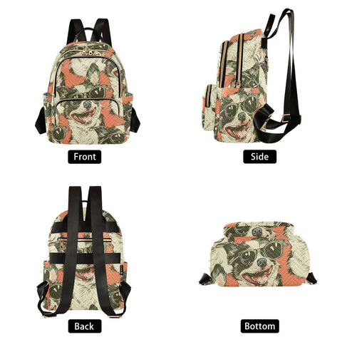 Quilted Womens Backpack Purse With Zipper Closure And Leather Handle Dope Everyday Carry Bag For Work Travel College And Social Life Adjustable Shoulder Strap Multiple Pockets Stylish Pattern Bag with dog design.