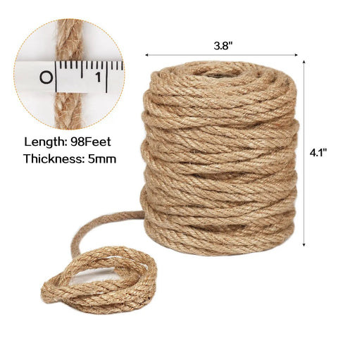 Coil of 5mm jute rope, 98 feet, with ruler measurement, heavy duty natural twine for crafts DIY projects garden bundling use