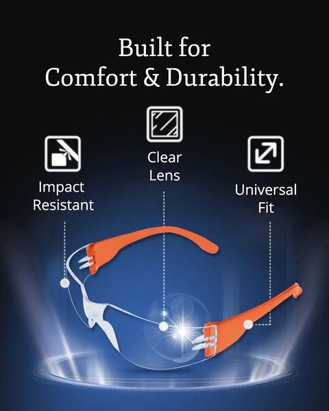 Bulk Safety Glasses For Men And Women, ANSI Z78.1 Certified, featuring orange frames, impact resistance, clear lens for construction