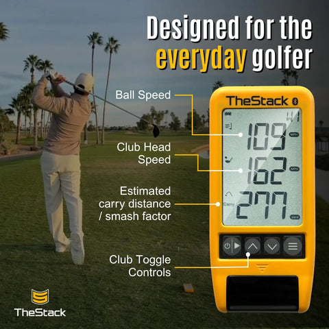 Radar Golf Launch Monitor And Swing Analyzer, App Based Training System displayed with golfer in action and device readings