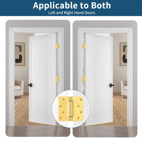 Self Closing Door Hinges With Spring Loaded Action, 4 Inch, UL Listed Brushed Gold, suitable for left or right hand doors, 3 Pack
