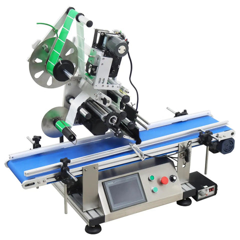 Big Time Automatic Desktop Conveyor Labeler For Flat Bottles And Merchandise Plug And Play Sticker Applicator with blue conveyor belt.