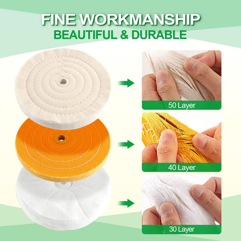 Six Piece Bench Grinder Polishing Wheels Set With Premium Tripoli Rouge And White Compound Fits Five Eighth Arbor Spindle showing layered wheels.