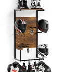 Ride Ready Wall Mount Helmet Holder for Motorcycle Gear Display Rack with four glove clips, helmets, and jackets on wood panel
