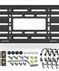 Front License Plate Bracket Mounting Kit For Bumpers With Anti Theft Hardware And Stainless Steel Zip Ties 4 Hole To 2 Hole Adapter JDM To US Compatible Easy Install For Cars, showing bracket, hardware, zip ties.