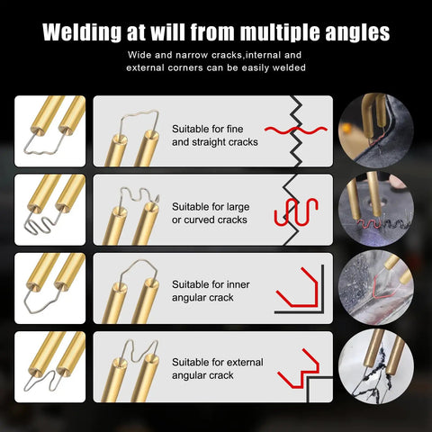 Diagram showing welding techniques with Upgraded Plastic Welder Kit With Rapid Heating, 1000 Staples, Copper Transformer, DIY Friendly Hot Stapler