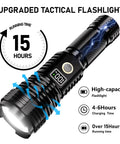 Beast Bright Rechargeable Flashlight With 100,000 Lumens LED showing LCD display, features, and tactical design with blue accents.
