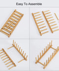 Top Shelf Bamboo Dish Drying Rack Stand Multi Purpose Plate Drainer For Kitchen Counter showing easy assembly with bamboo parts.