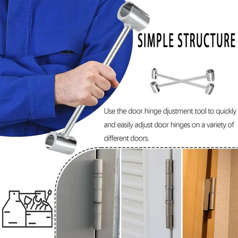 Person holding Dual Head Door Hinge Adjustment Tool With 14mm And 19mm Openings For Flag Hinges, Heavy Duty Steel Wrench to fix door hinges