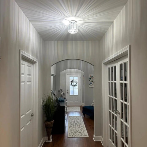 2 Pack Mini Semi Flush Mount Ceiling Lights With Clear Shade in a hallway, modern crystal design illuminating the entrance.