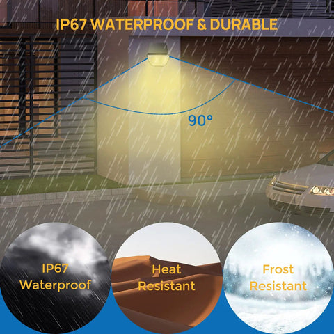 Outdoor Solar Spotlight Set 3000K Warm White, IP67 Waterproof, Durable in rain, showing heat and frost resistance, 4 Pack