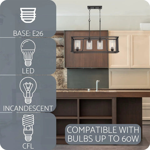 Iverson 34 Inch 4 Light Farmhouse Rectangular Island Light With Clear Cylinder Glass Shades in a kitchen setting