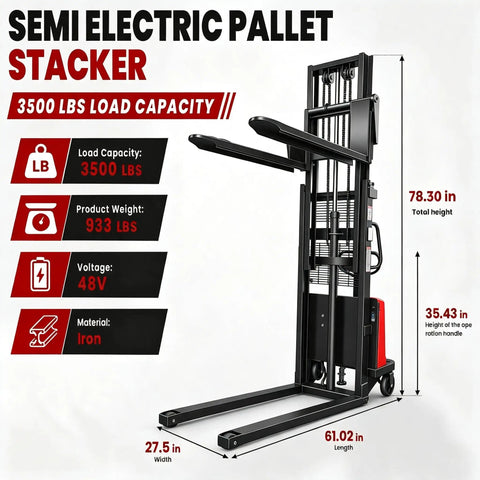 Heavy Duty Full Electric Pallet Stacker With 3500 Lb Load Capacity And 94 In Lift Height For Warehouse Forklift Work dimensions and specifications.
