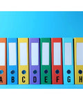 Colorful file folders labeled A to H against a blue background.