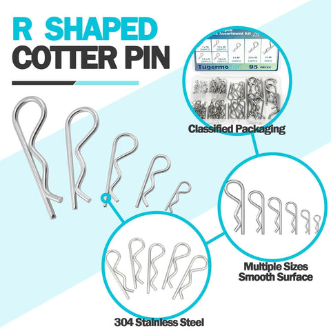 95 Piece Dope Stainless Steel Hitch Pin Clip Set With 7 Sizes R Shaped Cotter Pins shown in various sizes and packaging