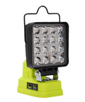 GOWENIC Cordless Floodlight, 6000lm Brightness, 360 Degree Rotating Head, LED work light on green base with adjustable brightness.