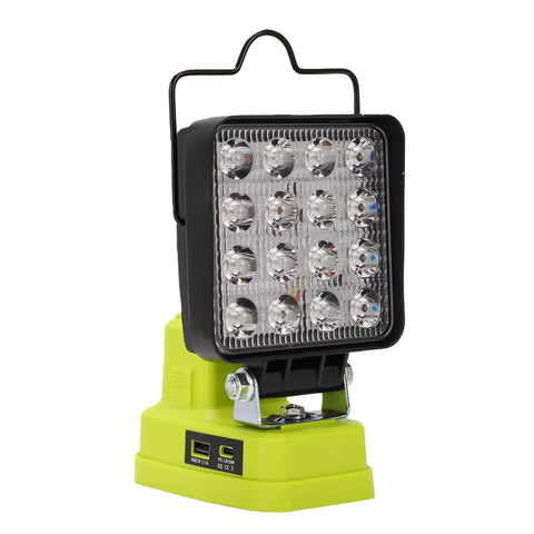 GOWENIC Cordless Floodlight, 6000lm Brightness, 360 Degree Rotating Head, LED work light on green base with adjustable brightness.