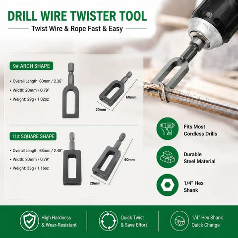 Super Heavy Duty Electric Drill Wire Twister Attachment For Fencing And Rebar Tying. 9# arch and 11# square shape details shown.