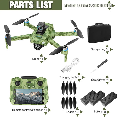 4K GPS Drone With Camera For Adults Obstacle Avoidance 5G FPV Transmission Brushless Motor Includes 3 Batteries And Screen Remote Controller In Army Green displayed with parts list.